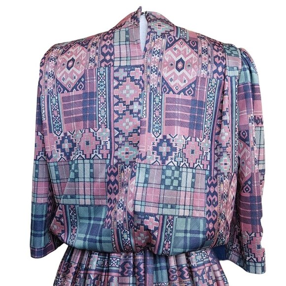 Vintage 80s Womens Size 6 Southwest Blouson Midi Dress Aztec Pink Blue‎ Pleated - Picture 5 of 11